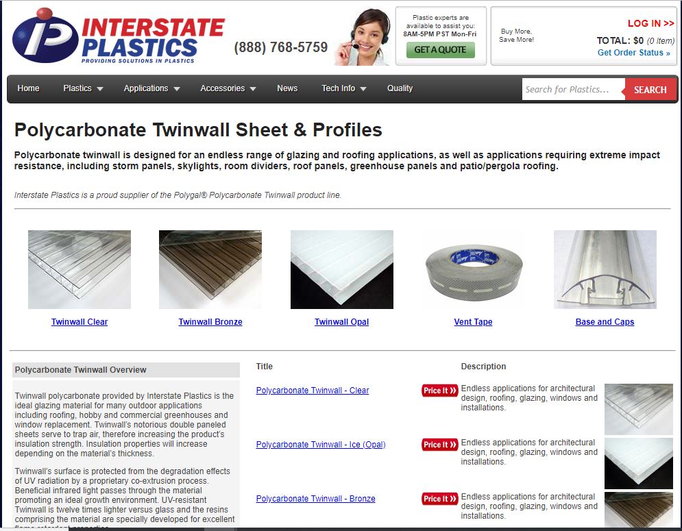 Twin wall polycarbonate sheet Interstate Plastics PlasticStar
